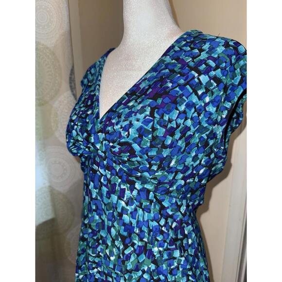 RALPH LAUREN V-NECK Cap Sleeve Fit Flare BLUE & AQUA KNIT Jersey DRESS Size 10 - Picture 2 of 9